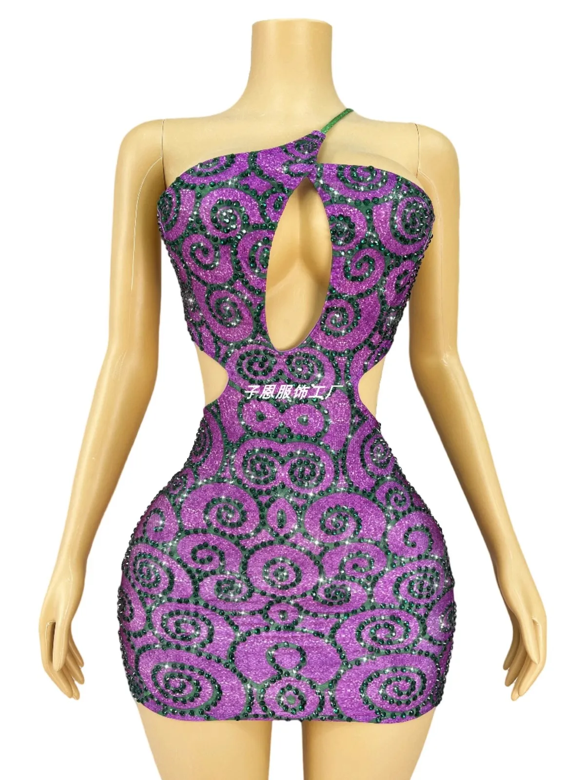 Devil purple niche design crystal rhinestone sexy cutout dress singer party night show costume