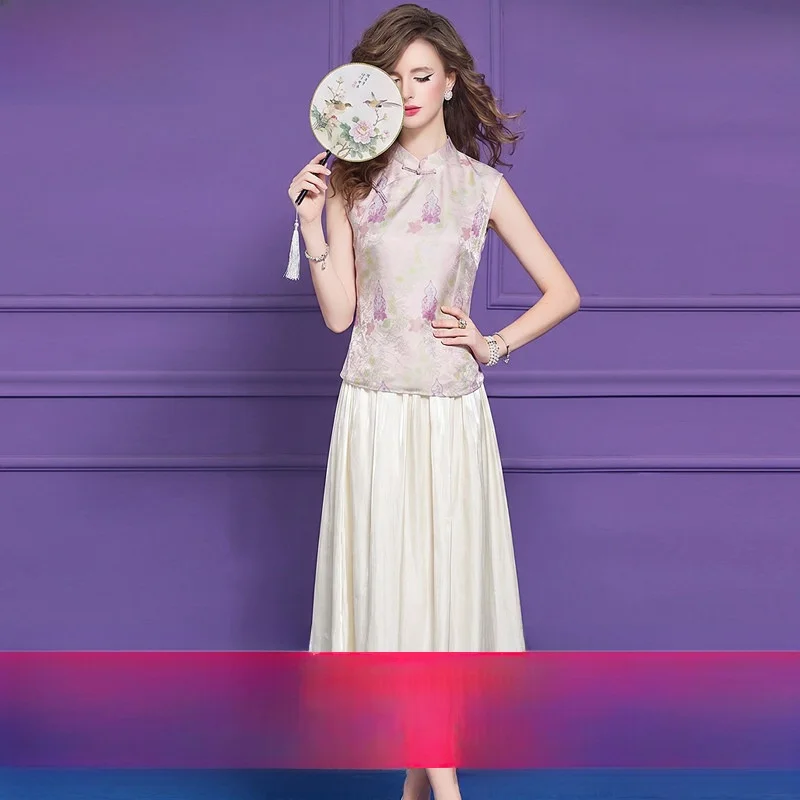 

Fashionable Floral Print Set Young Women's Stand Collar Half Skirt Two-Piece Suit Polyester Nylon Summer Outfit