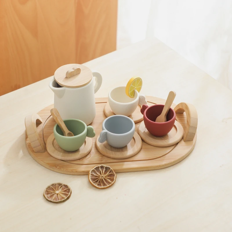 Wooden Children Montessori Toys Teapot Teacup Simulation Kitchen Utensil BPA Free Silicone Kid Education Pretend Play Toys Gifts