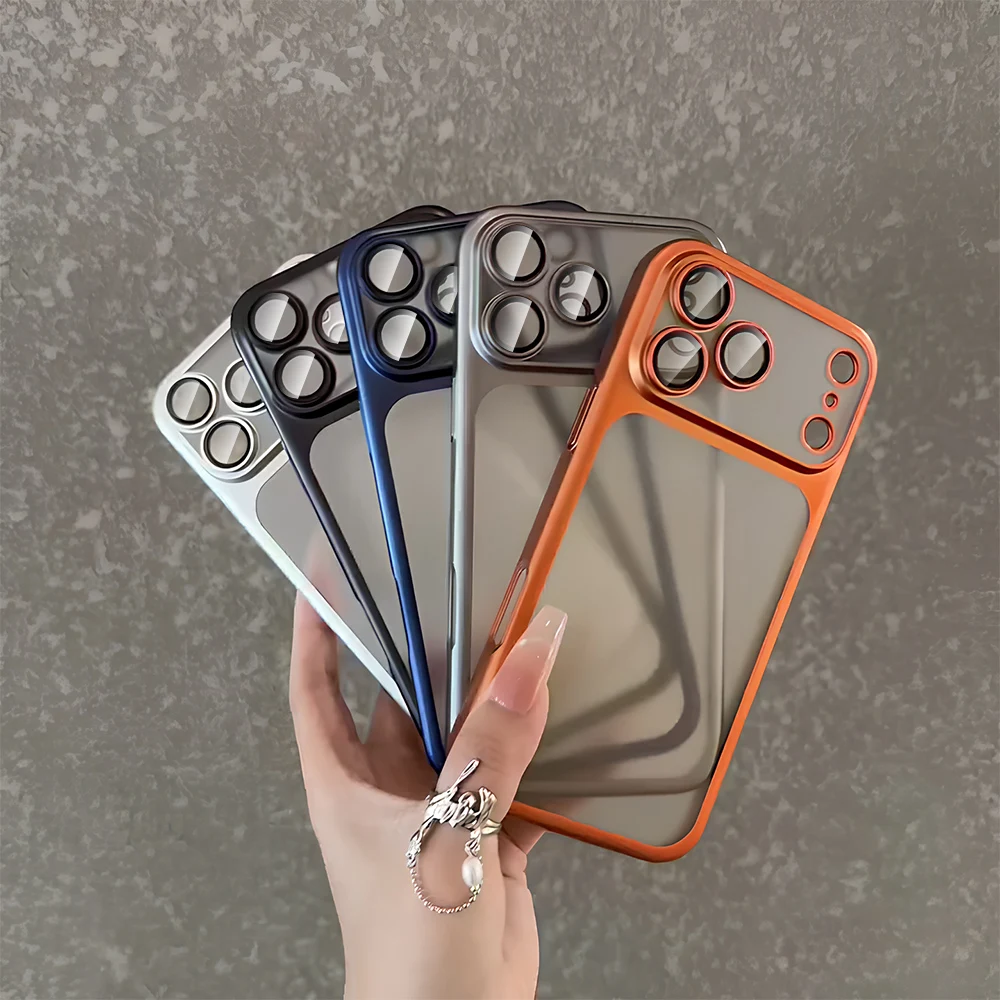 Latest Transparent Matte Phone Case For iPhone 17 Pro Air 17 16 15 14 13 Pro Max Full Lens Protection Metallic Color Frame Cover