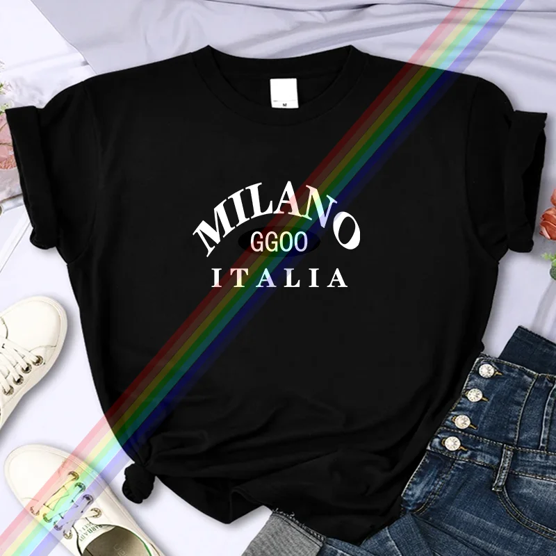 For Women's Luxury Brand High-Quality Summer MILANO Printing T-shirt 100% Cotton Casual Oversized Y2k Personality Sleeve O-neck