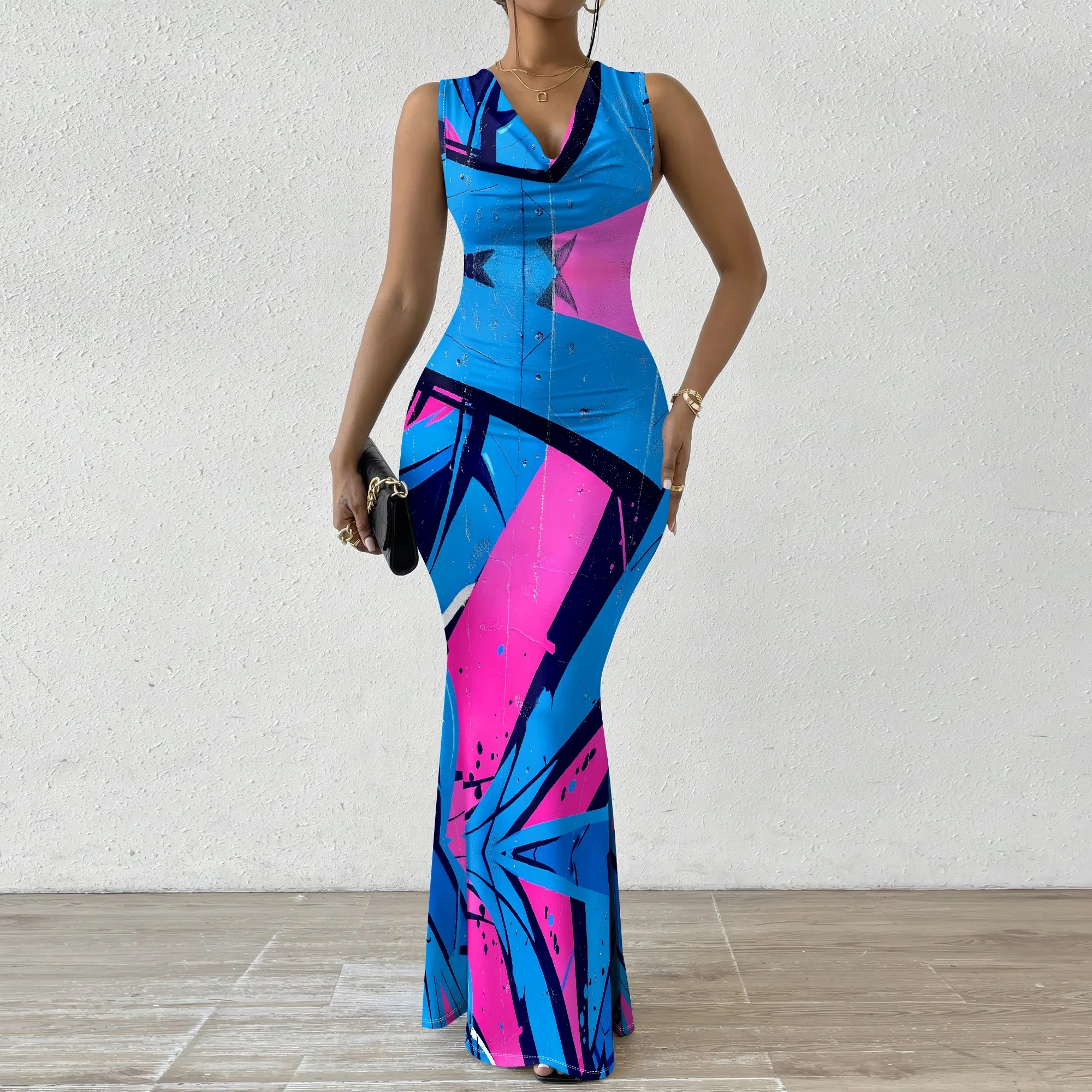 

Elegant Women's V-Neck Graffiti Print Maxi Dress Sleeveless Slim Fit Mermaid Prom Dress S-2XL