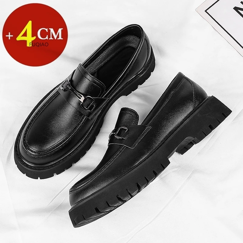 

Metal Buckle Loafers 4CM Thick Bottom Walking Business Shoes Trend Men Leather Dress Slip on Soft Non Slip Breathable Driving