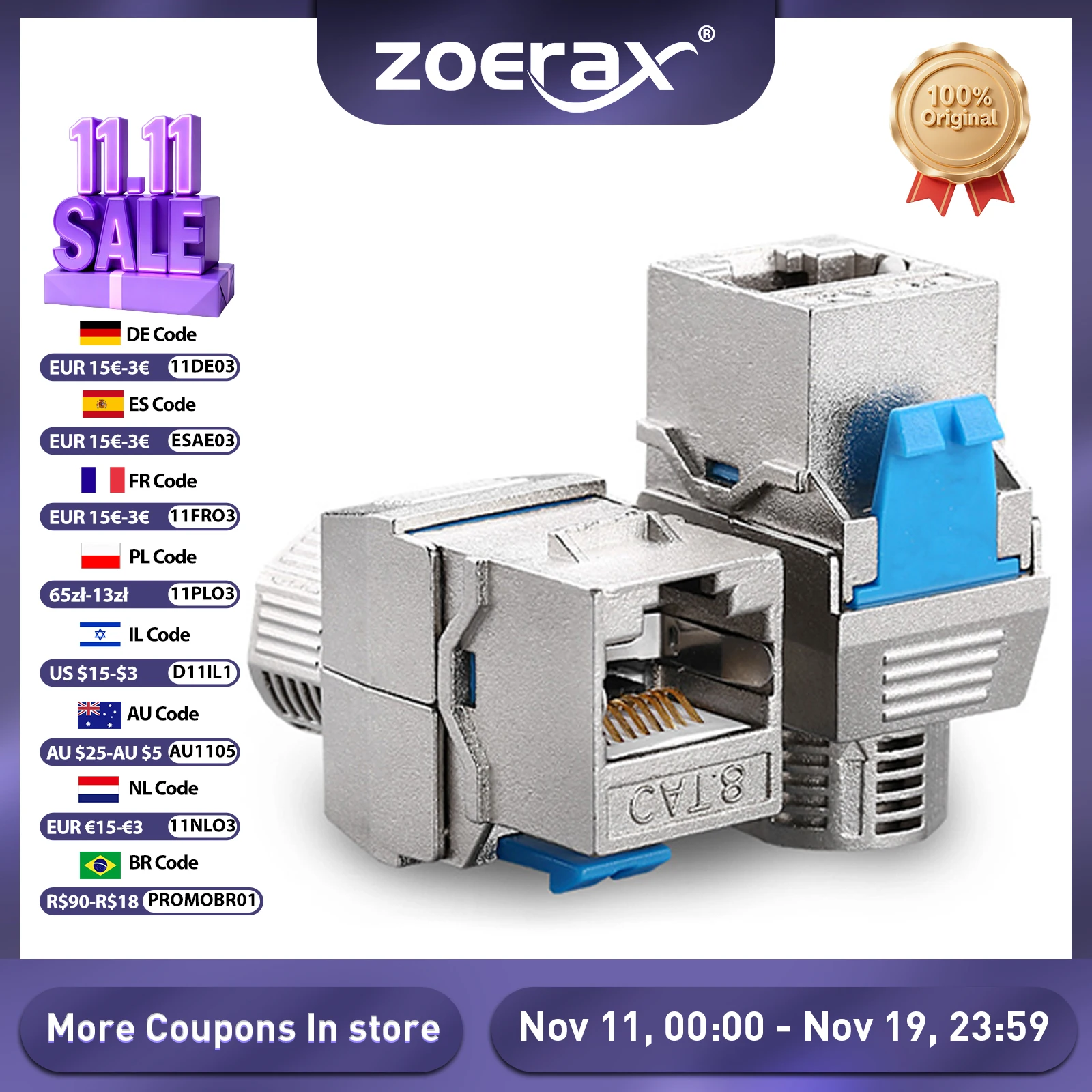 ZoeRax Cat6a Cat7 Cat8 Keystone Jack, RJ45 STP Tool-Less Type Zinc Alloy Module Shielded Keystone Jack Adapter 40 Gigabit