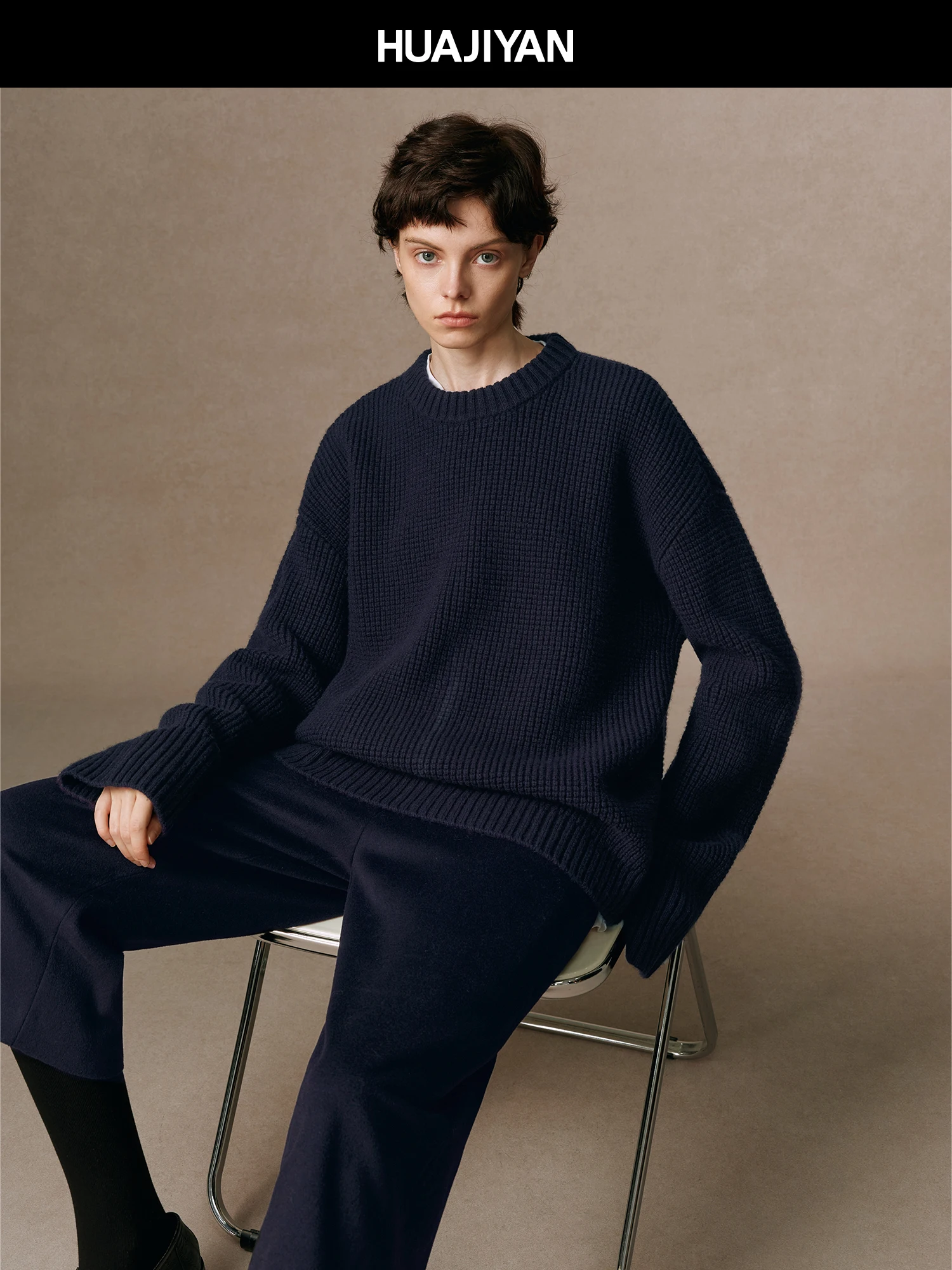 

Свитер женский вязаный из 100% шерсти Blueberry Wer, комфортный, универсальный, свободного кроя, с круглым вырезом, для повседневной носки, модный трикотаж