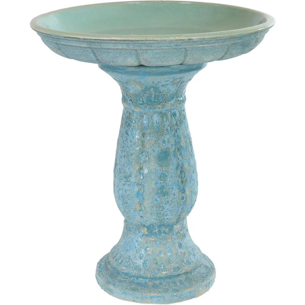 

Avignon Outdoor Ceramic Bird Bath - 18.75 H - UV- and Frost-Resistant - Glazed Bowl with Blue Lava Finish