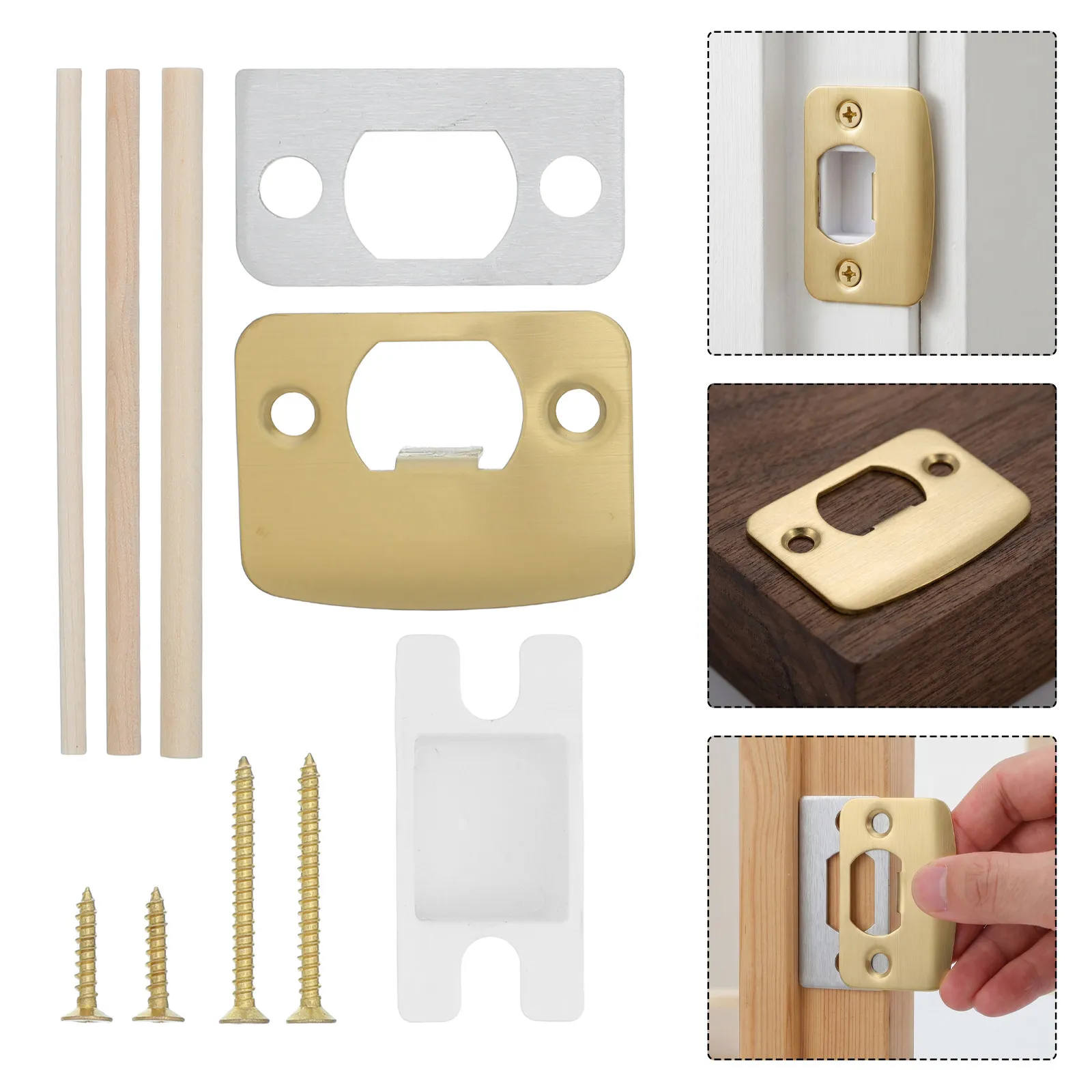 1Set Door Lock Repair Kit Stainless Steel Strike Plate Wood Dowel Spacer Shim Interior Exterior Door Hardware