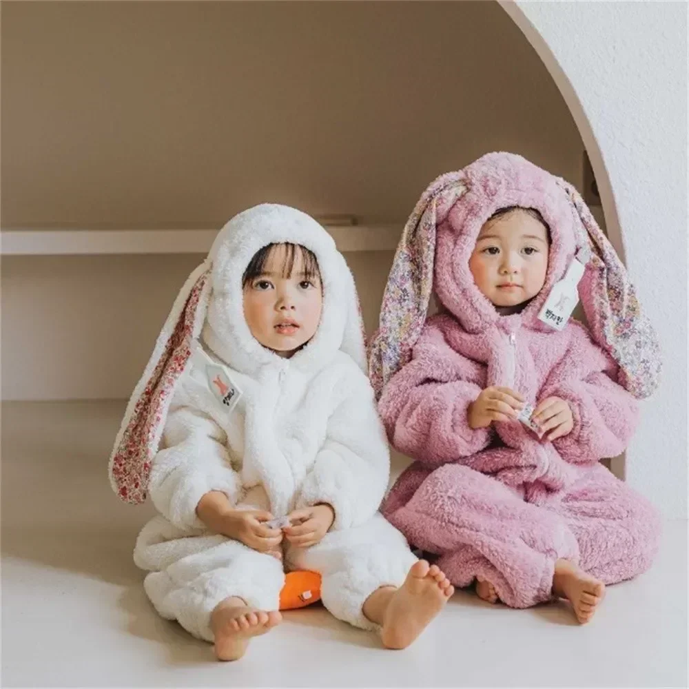 2024 Warm Fleece Baby Rabbit Romper for Winter Autumn Cute Long Sleeve Hooded Onepiece Pajamas Toddler Homewear Clothes