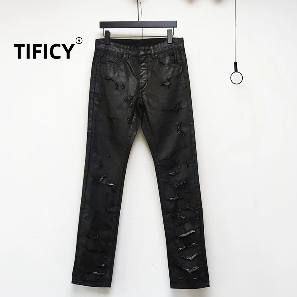 하이 스트리트 팬츠 남성용 블랙 글루 왁스 팬츠 브러시 왁스 코팅 찢어진 구멍 워시 워터 슬림 스트리트웨어 핏