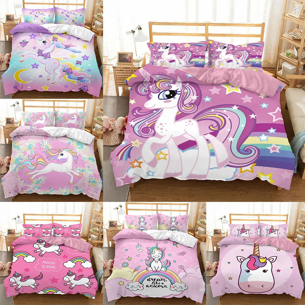 Cute Unicorn Bedding Sets Soft Comforter Bed Cover Duvet Cover Pillow Case 2-3 Pieces Sets Kids Adult Bedroom Decoration