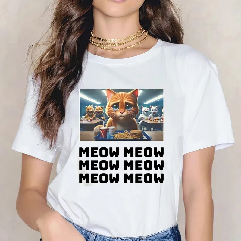 

Sad Meow Print T-Shirt Funny Joke T Shirts Hip Hop Casual Streetwear Fashion Cat Print Women Clothing Short Sleeve Tees Tops