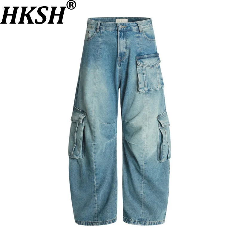 

HKSH Spring Summer Autumn New Man Tide American High Street Vintage Wide Leg Punk Washed Pocket Jeans Trendy Denim Pants HK8318