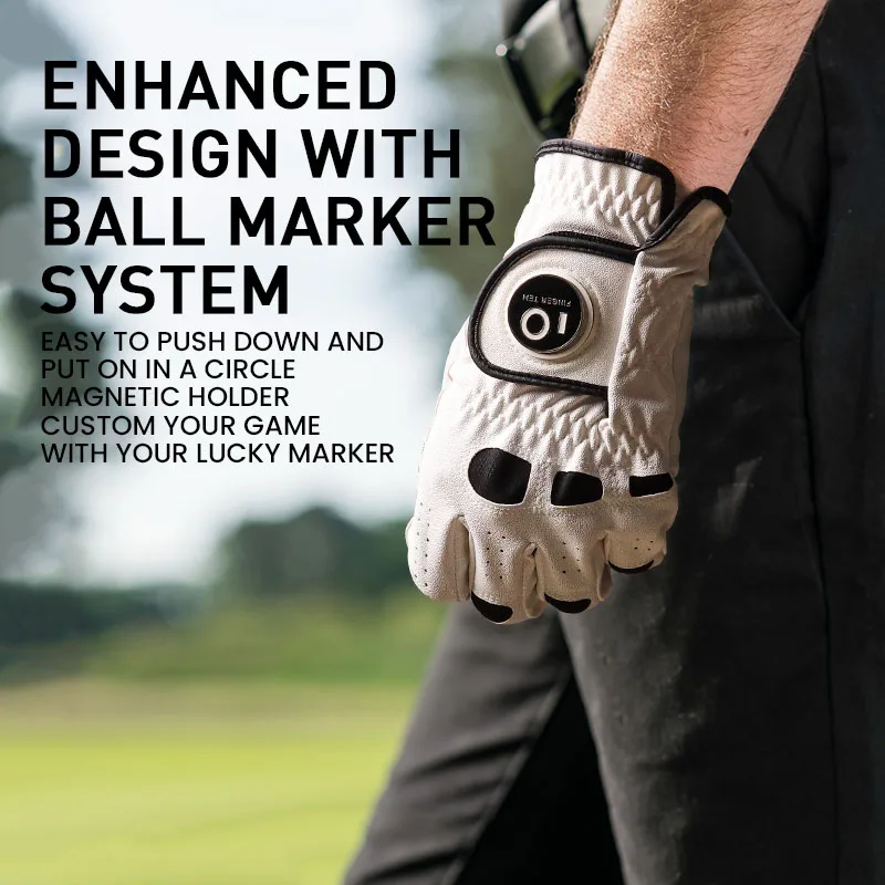 男性用ゴルフグローブ、左手右利き、ボールマーカー、ソフトレザー、ウェザーズオブグリップ、3パック