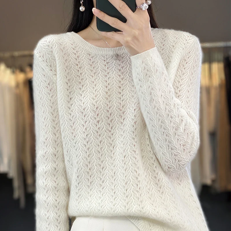 Fashion Women 100% Merino Wool Soft Sweater O-Neck Hollow Out Long Sleeve Pullover Autumn Winter Bottoming Jumper Knitwear Tops