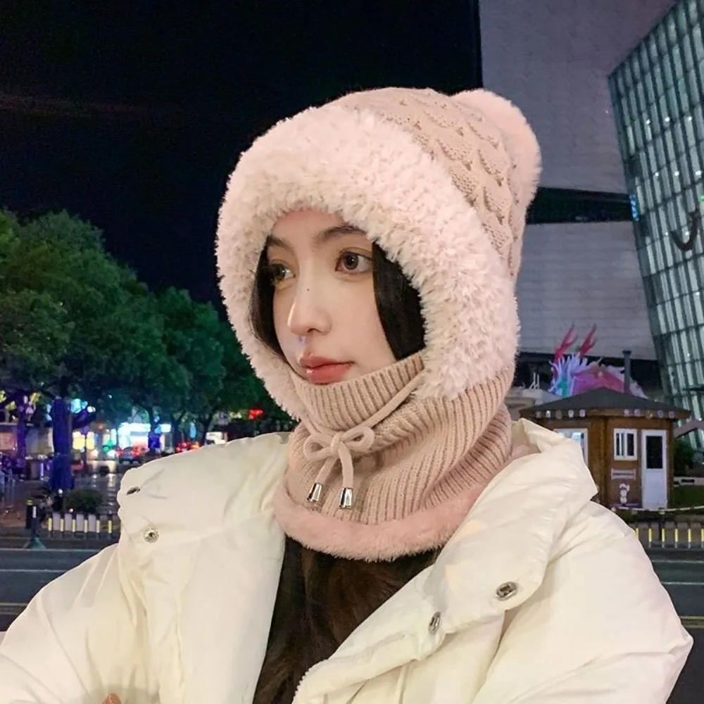 

Fashion One Piece Winter Knitted Hat Fleece Lined Keep Warm Ear Protection Hat Thickened Cap Mask Set Hooded Women