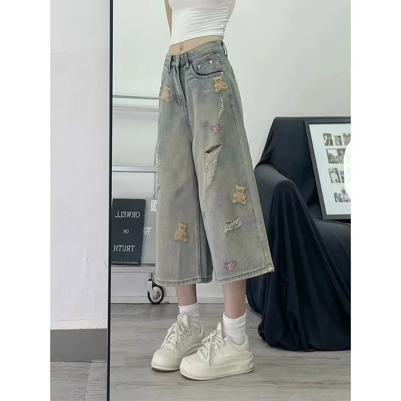 Women's Jeans High Waist Ripped Cropped Pants Distressed Summer Loose Fit Embroidery Bear Artisan Frayed Hem Denim Trousers