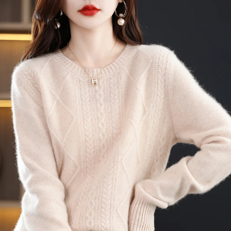 Mùa Đông Của Người Phụ Nữ Áo Len Nữ Áo Thun Cổ Tay Dài Cổ Chữ O Dày Dây Nhảy Cashmere Áo Len Áo Khoác Thường 100% Len Đan Áo Quần Áo