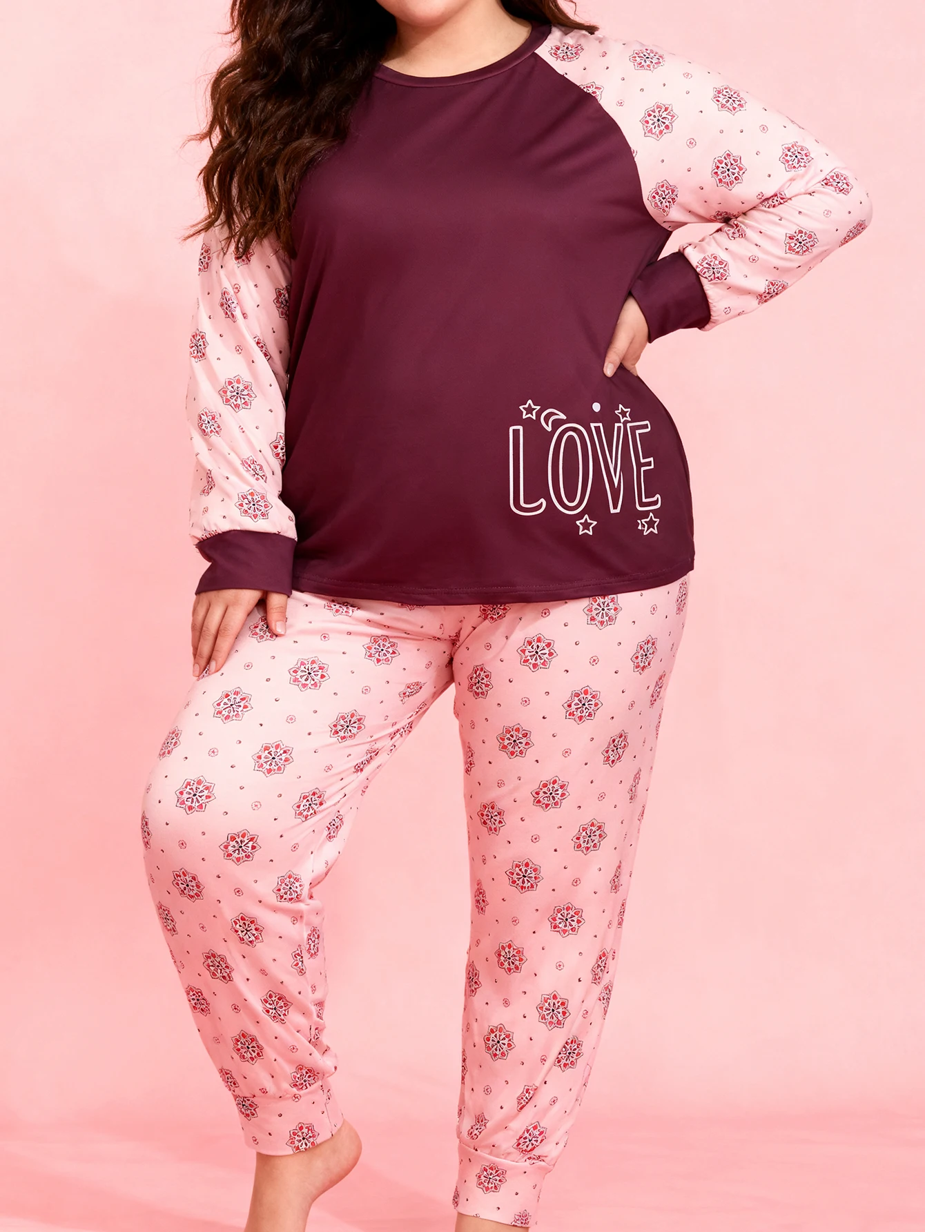 

Plus Size Women's Spring Autumn Casual Snowflake Print Long Sleeve Top & Pants Pajamas Loungewear Set