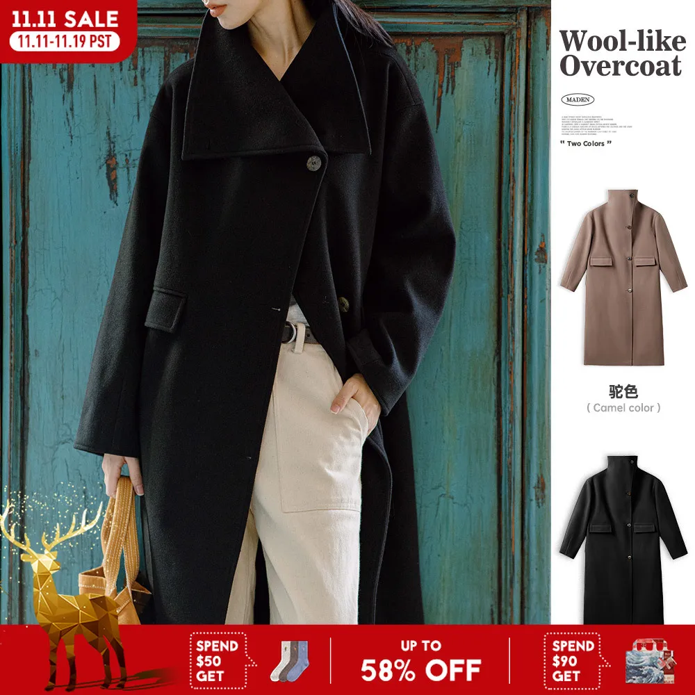 

Maden Classic Long Woolen Coat Single-breasted with Lapel Versatile Solid Color Warm Overcoat for Women's Autumn and Winter