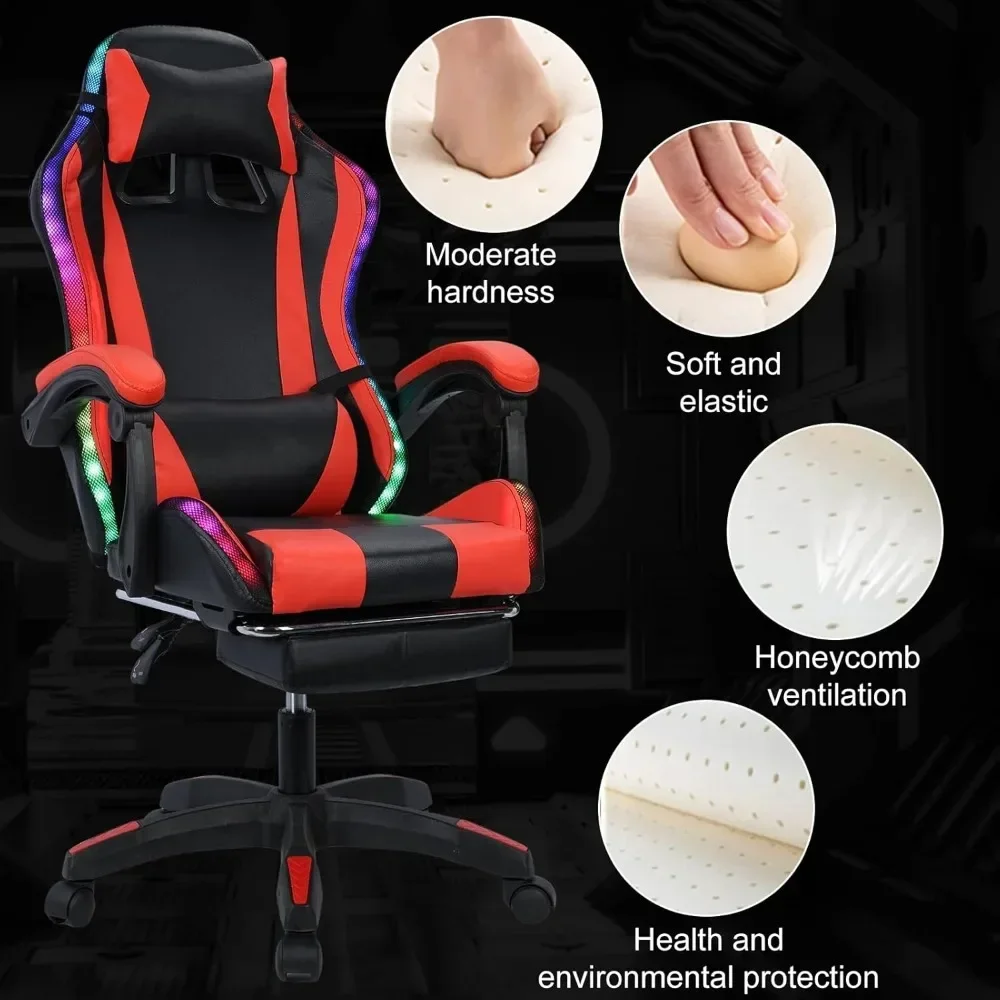 Gaming Chair Massage w Bluetooth Speakers RGB LED Lights,Ergonomic，Footrest,Height Adjustable Adults w Back Lumbar Support Red