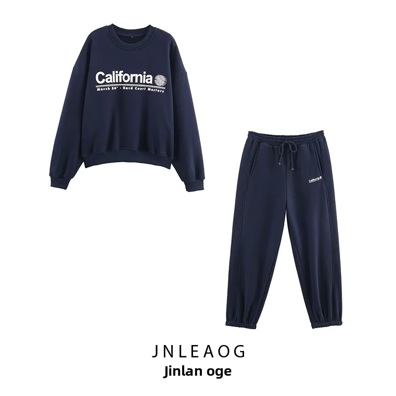 

JNLEAOG, осенний новый женский свитер с принтом, брючный костюм, длинный све, круглый, свободный крой, модный комплект, полиэфирное волокно