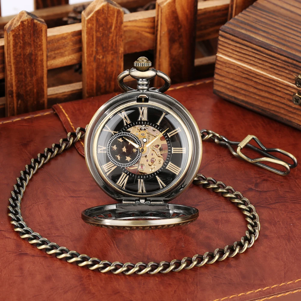 Vintage Hollow Flowers Half Hunter Bronze Mechanical Hand Winding Pocket Watch Roman Numerals Dial Fob Chain Pendant Clock Gift