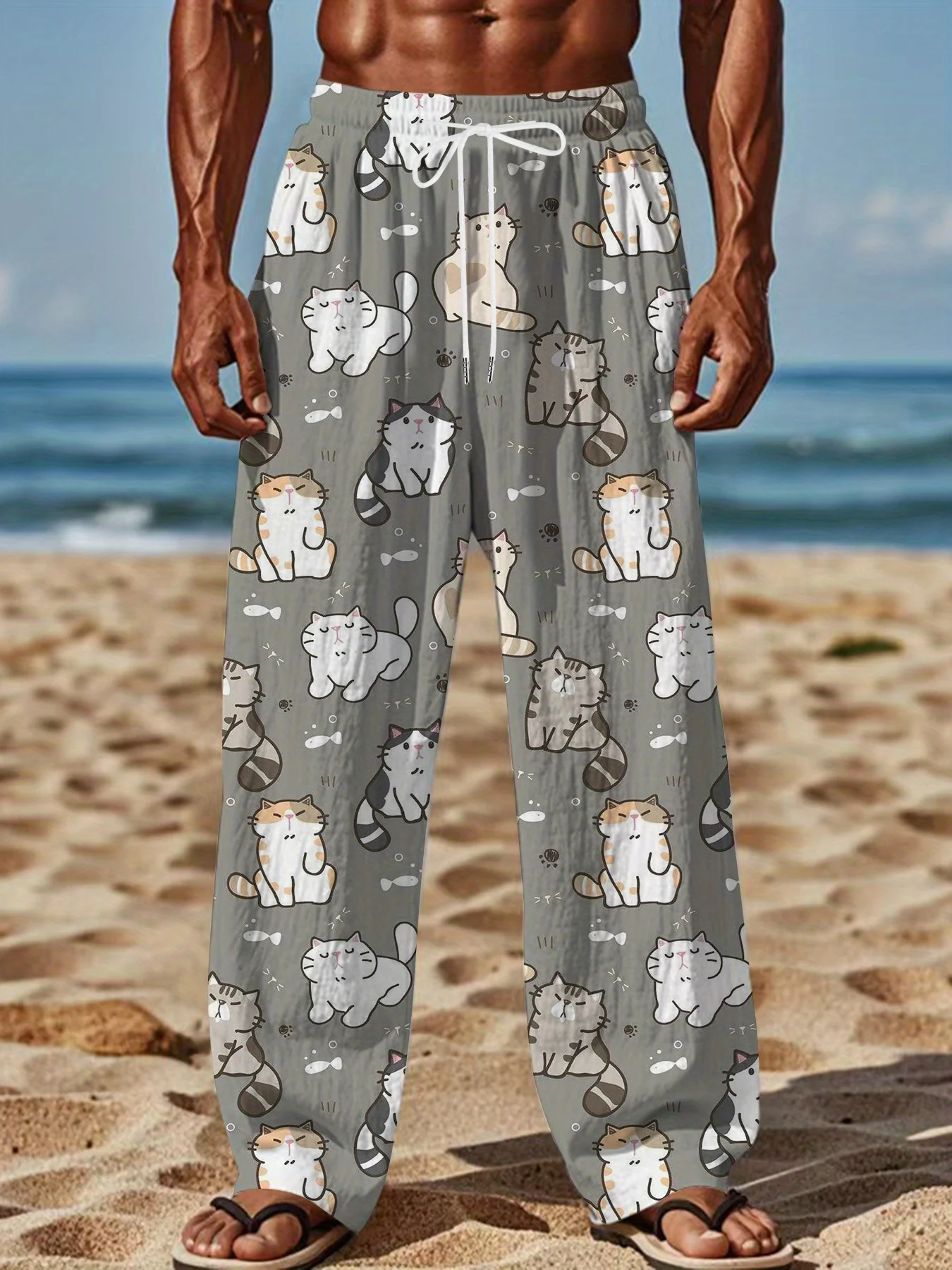 

Cute Little Cat Printed Men's and Women's Casual Pants with Versatile 3D Bold Color Blocking Pattern Printed Drawstring Pants