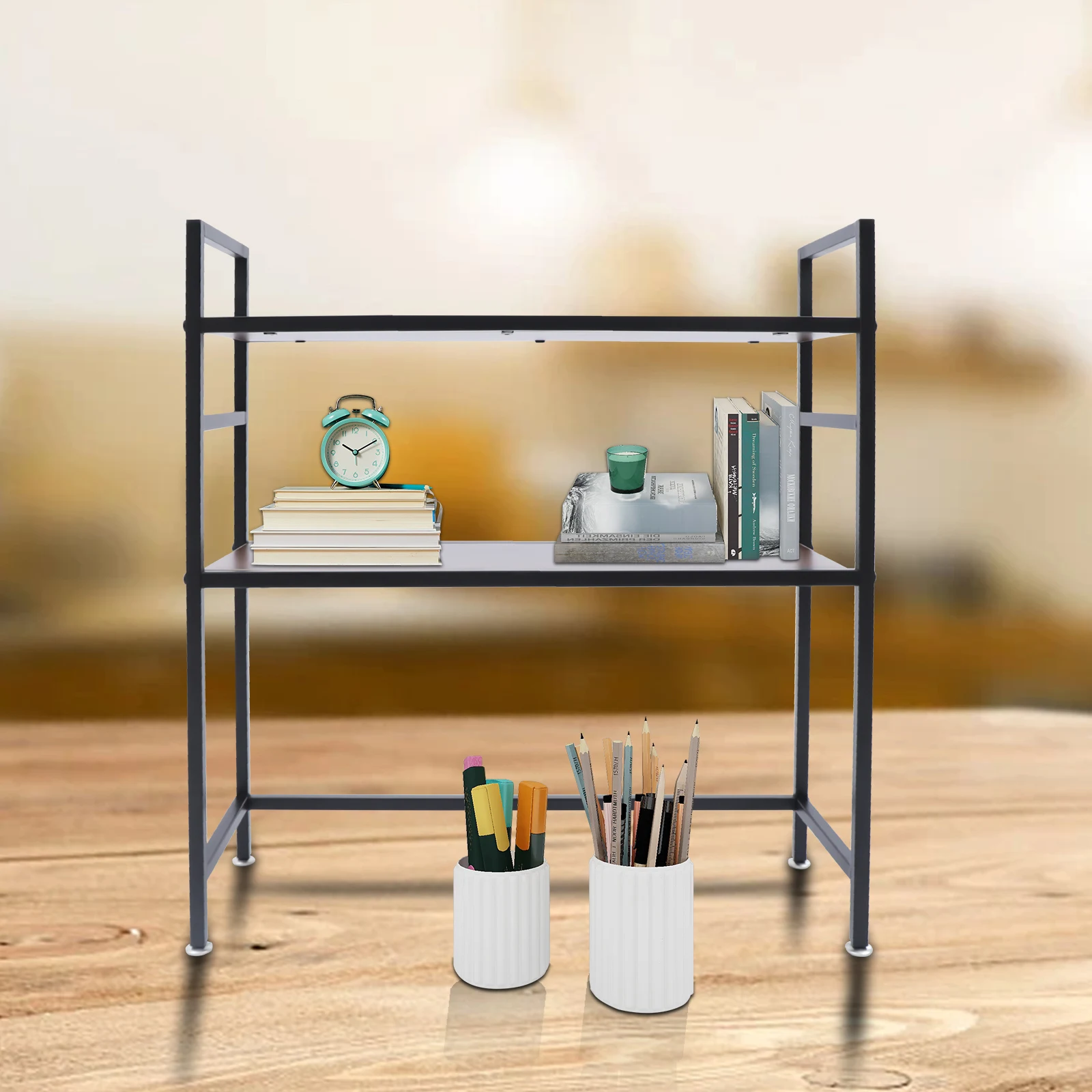 

Wood 2 Tier Shelf Storage Display Rack Steel Tubes Bookcase Bookshelf Home Living Room Office Desktop H-shaped Plants Organizer