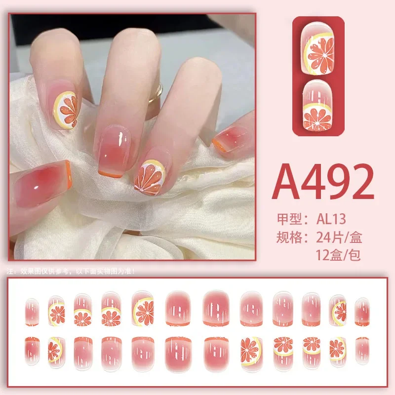 24Pcs Wear Nail Art Tablets False Nail Finished Removable Simple Lemon Ice Penetrating Nail Art