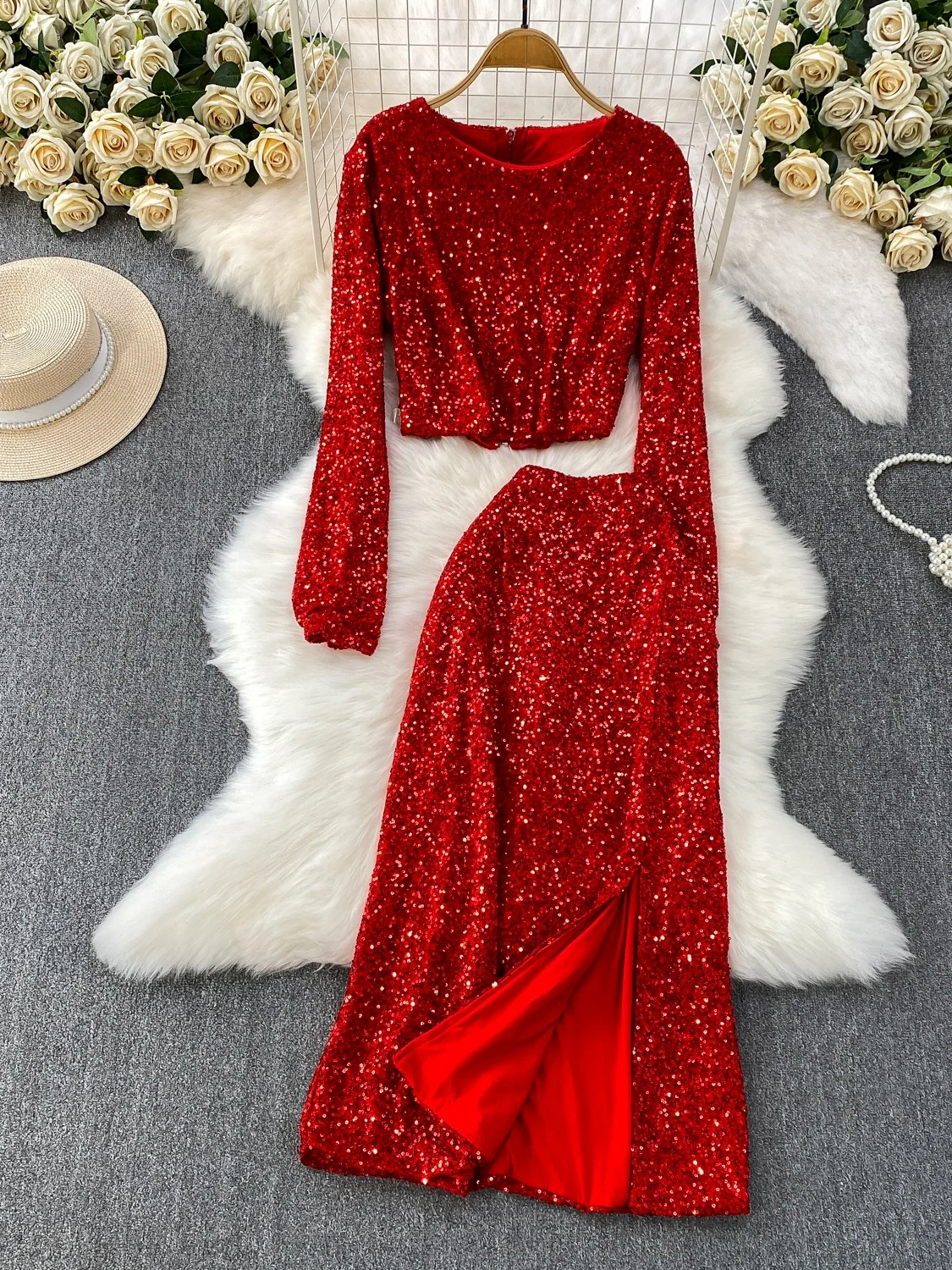 iny Lentejuelas redondas Ne Top Cintura alta Adelgazante Falda de longitud media Conjunto de dos piezas para mujeres Commute Sle Winter Faion