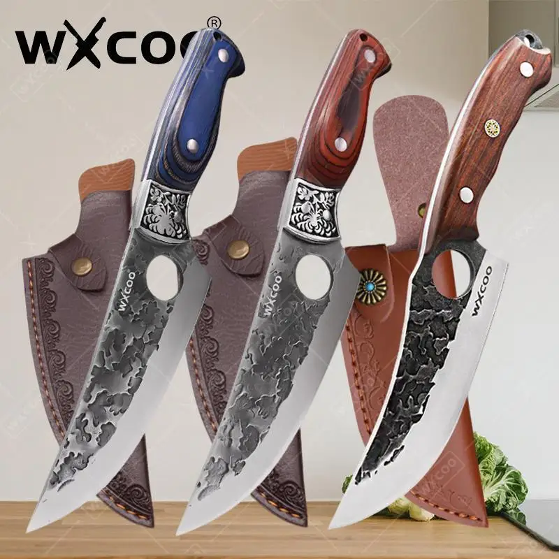 WXCOO Full Tang Küchenmesser aus Edelstahl, Schneidemesser, handgefertigt, geschmiedetes Hackmesser, Fleischkoch, Kochmesser, Holzgriff