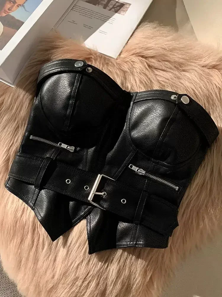 Y2k Strapless Sleeveless Sexy Slim PU Chest Korean Fashion Chain Zipper Short Top