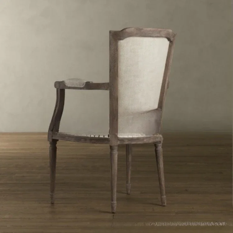 French retro log oak dining chair, modern restaurant cafe linen, fabric chair