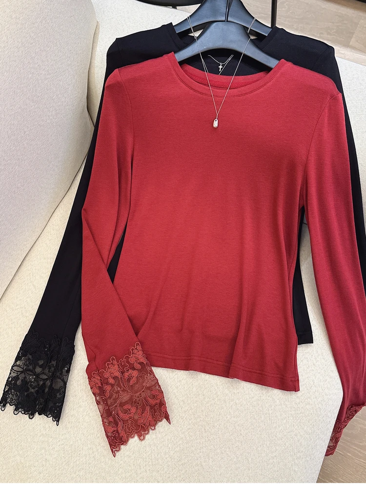 

Женский трикотажный топ с длинным рукавом, кружевными вставками и эффектом пэчворк, дышащий, мягкий, из смесового хлопка, для повседневной носки