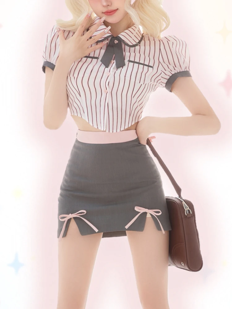 Slim Sweet Elegant Two Piece Set Women Japanese Kawaii Party Mini Skirt Suit Female Striped Sweet Blouses＋Sexy Open Fork Skirt