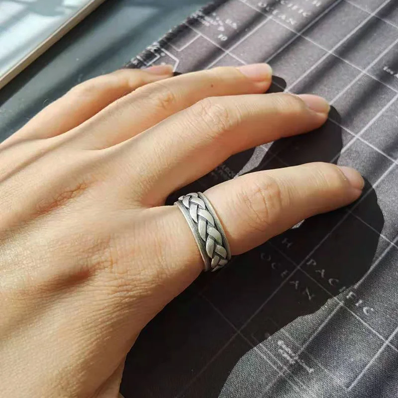 Real 925 Sterling Silver Rings For Men And Women Rotating Ring Matte Braided Type Twisted Rope Retro Antique Style