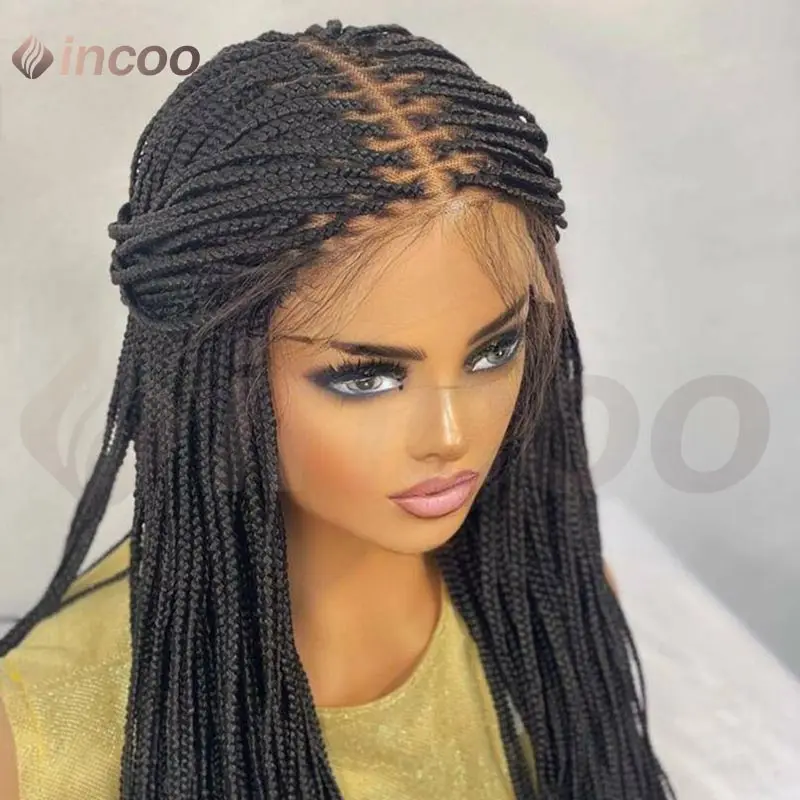 

36-дюймовые полные кружевные передние плетеные парики, синтетические косички без узлов, искусственные локоны богини для чернокожих женщин, парик из натуральных волос