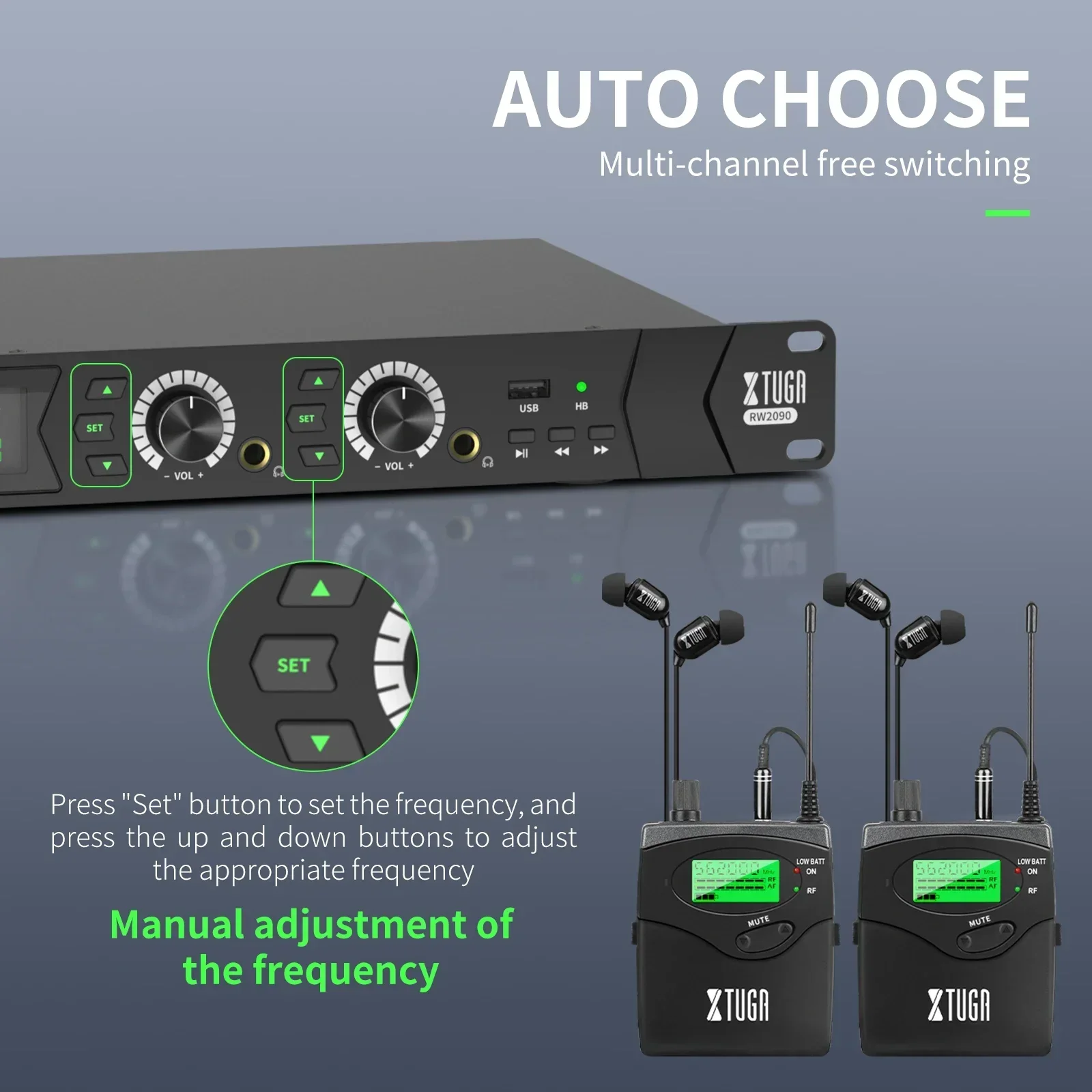 XTUGA RW2090 New UHF Metal In Ear Monitoring System Stage Monitoring System Wireless Dual Channel for Professional Performances