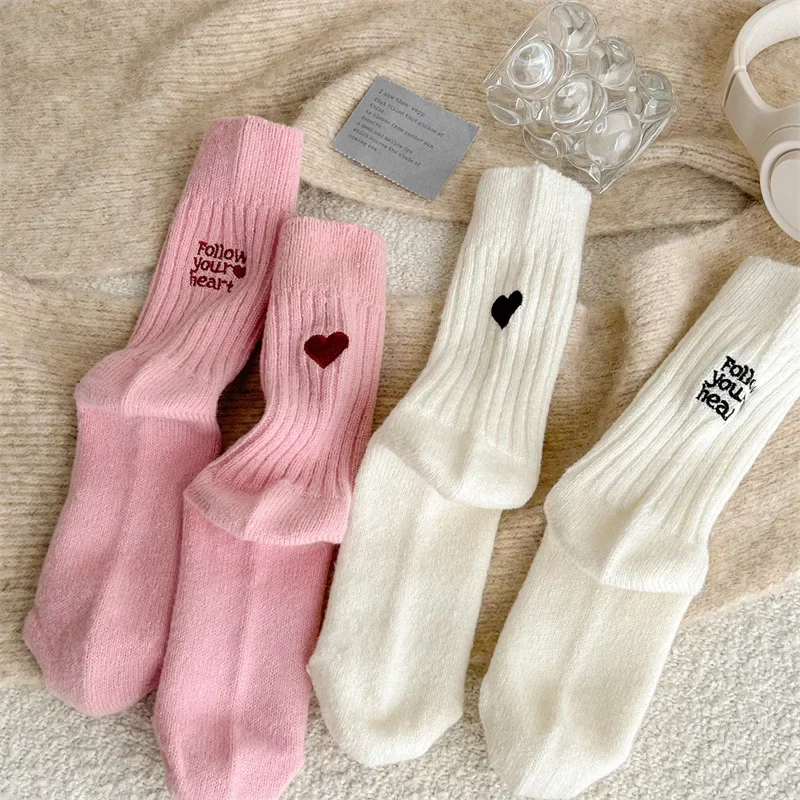 Cashmere Middle Tube Harajuku Kawaii Socks Autumn Winter New Pure Color Women Socks Embroidery Lover Socks Women