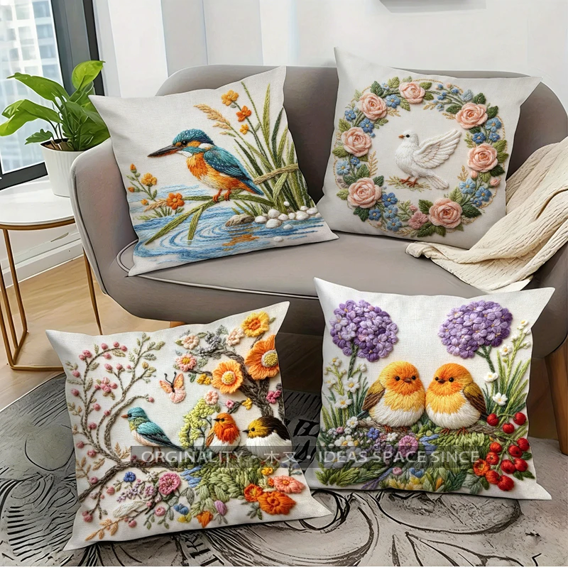 2D Floral & Bird Embroidered Pillow Covers Pattern Cushion Cover Suitable for Sofa Bedroom Car Pillow Cover