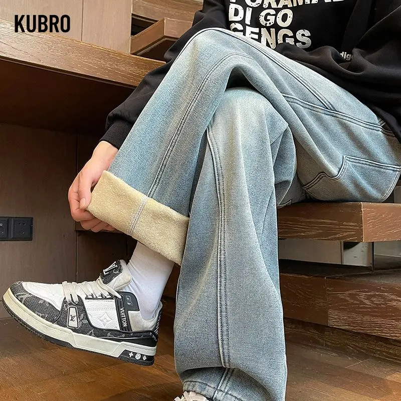

Осень-зима, новые мужские утепленные джинсы из флиса, микроэластичные свободные прямые брюки, уличные мужские универсальные брюки, бутик джинсов