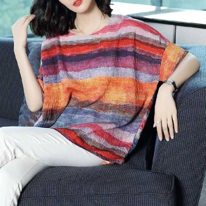 Striped Print Round Neck Short Sleeve Oversized Tee T Shirts Femmes Summer Casual Irregular Tunic Tops for Women Clothing 2023