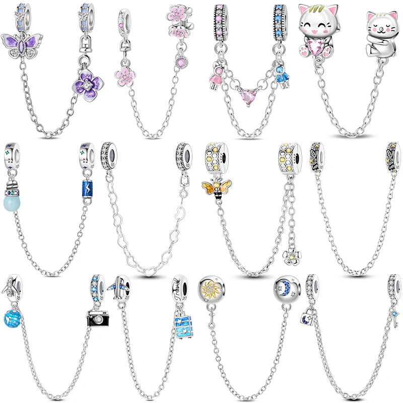 

925 Sterling Silver Safety Chain Star Moon Airplane Earth Inlaid Zircon Charms Beads Fit Original Bangle Bracelet DIY Jewelry
