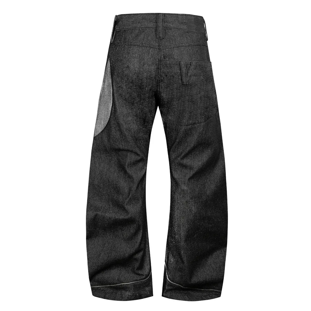 MWJLPWQ Denim Double-Waisted Curved-Cut Pants For Men Unique Diagonal Patchwork Design Niche Personality Loose Trousers 20970