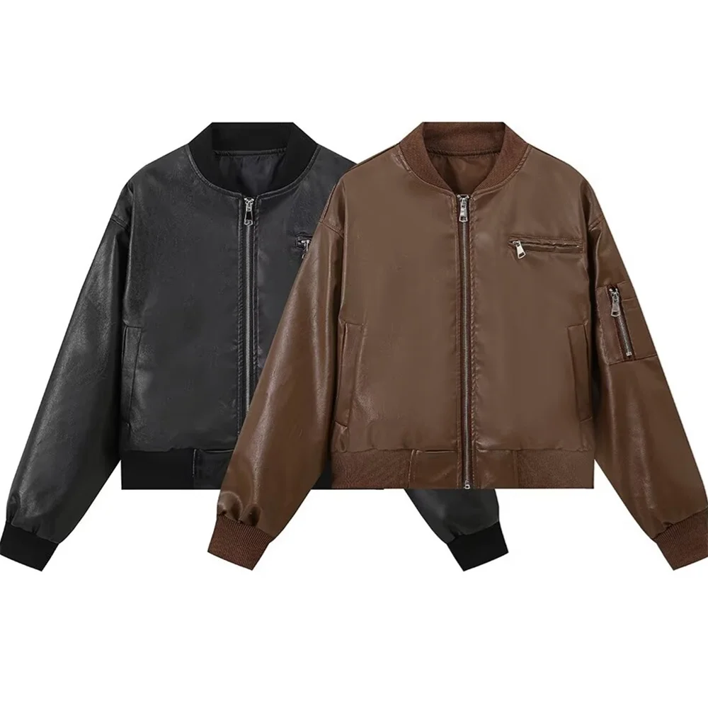 2024 Autumn European And American Style Women\'s Clothing New Fashion Casual Temperament Stand Collar Loose Pilot Leather Jacket