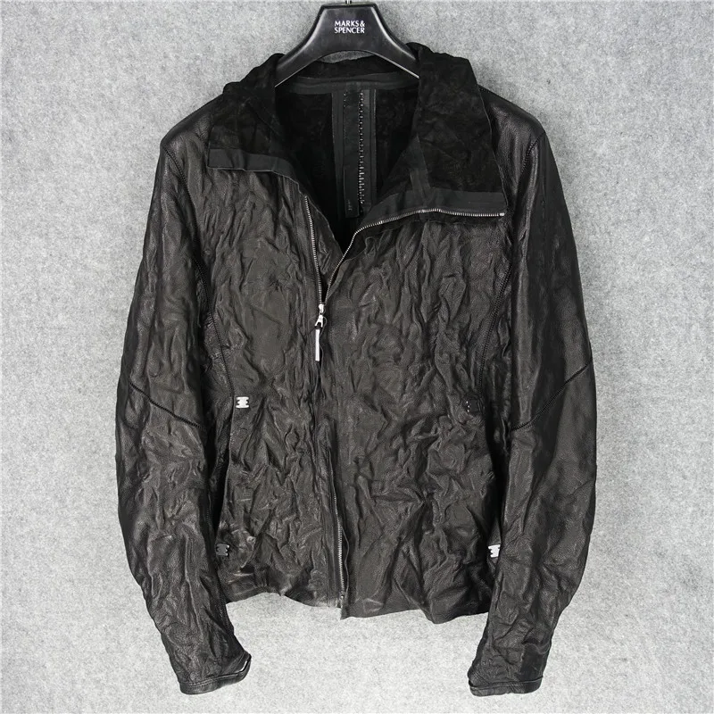 Dark series rubber-pressed seam splicing unlined three-metal keel tire cowhide leather jacket men's asymmetrical collar sleeve
