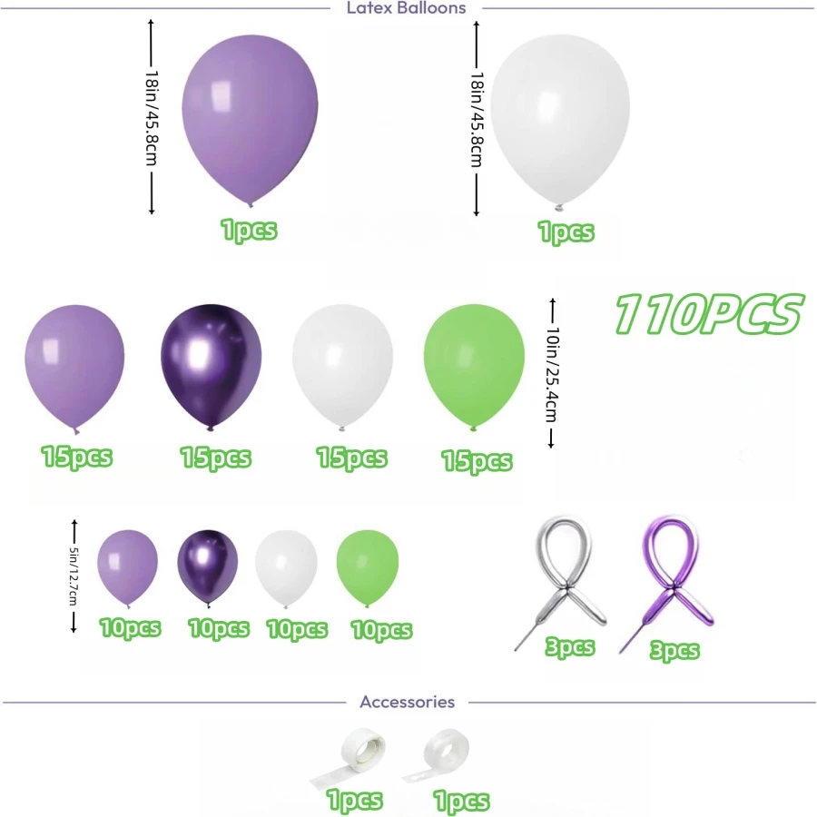 Set of 110 Balloon Garland Kit Purple Green and White Balloon Light Birthday Party Decoration and Birthday Party Supplies Decoration Theme Latex Balloon