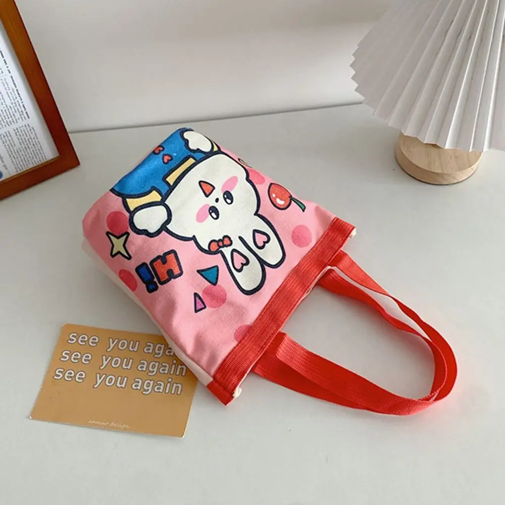 Women Handbag Lovely Cartoon Printed Bucket Bag Portable Cylinder Bag Canvas Tote Bag Students Carry Lunch Bags for Girls