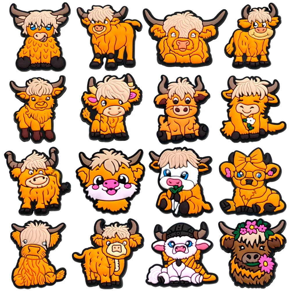 20Pcs/Set Scottish Highland Cattle Series Shoe Charms for Cave Shoes Decorations Accessories for Sandals Decorate Boy Girls