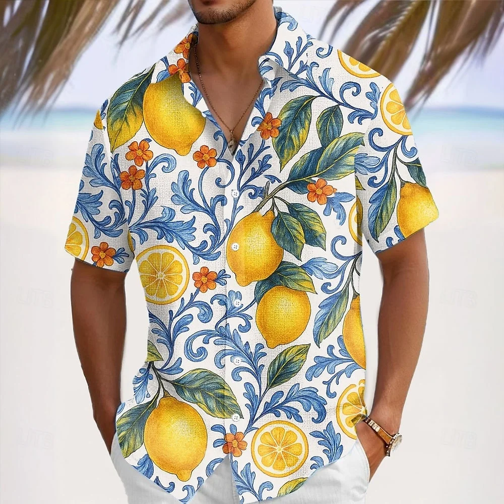 

Summer Refreshing Men's Shirt 3D Print Lemon Tree Graphic Short Sleeve Button Lapel Top Outdoor Travel Casual Breathable Clothes